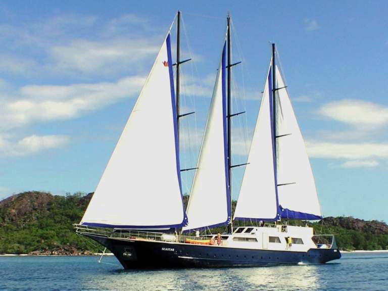Ein großes Segelboot schwimmt im Ozean