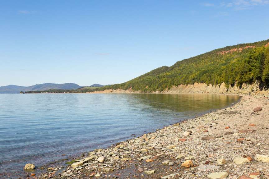 Ein ruhiger See mit einer steinigen Küste und bewaldeten Hügeln im Hintergrund unter blauem Himmel.