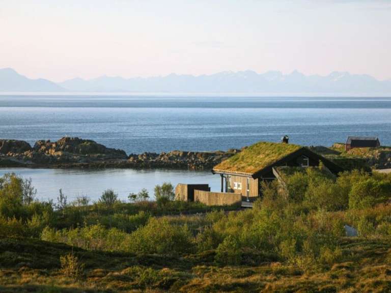 Ein Haus mit einem grünen Dach steht in der Nähe des Ozeans
