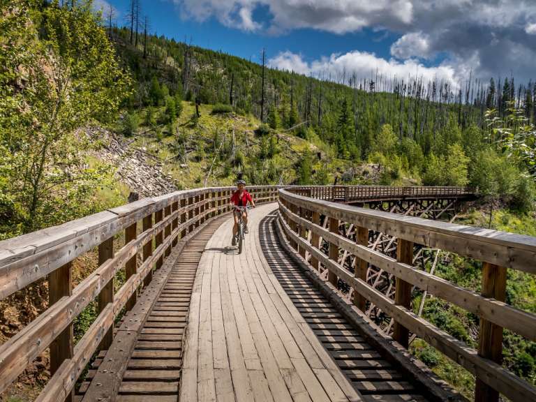 Ein Mann fährt Fahrrad auf einer Holzbrücke