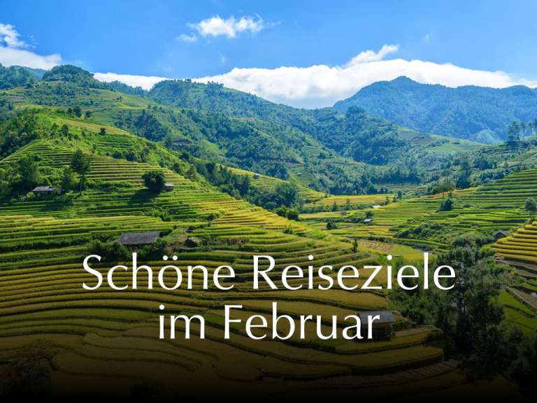 Ein Bild von Reisterrassen in den Bergen mit der Aufschrift schöne reiseziele im februar