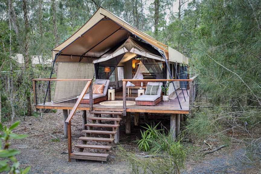 Eine Luxus-Zeltunterkunft mit Veranda steht auf Stelzen inmitten eines Waldes.