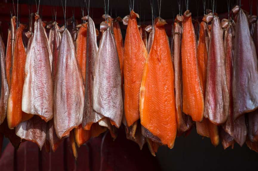 Eine Reihe von Fischstücken hängt an einem Seil
