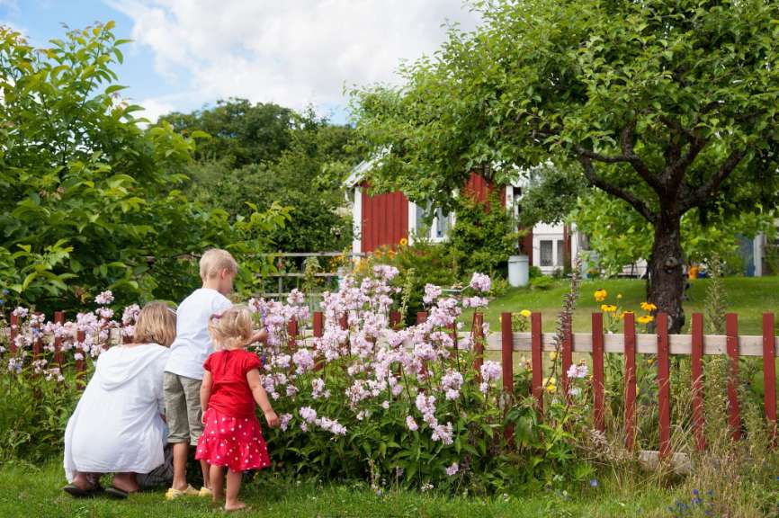 Eine Frau und zwei Kinder stehen in einem Garten und schauen auf Blumen