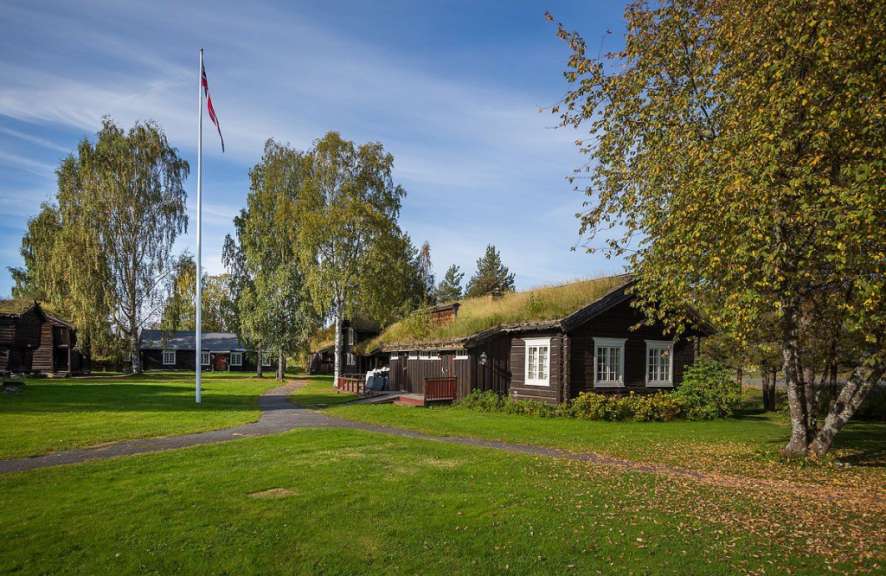 Ein kleines Holzhaus mit grasbewachsenem Dach