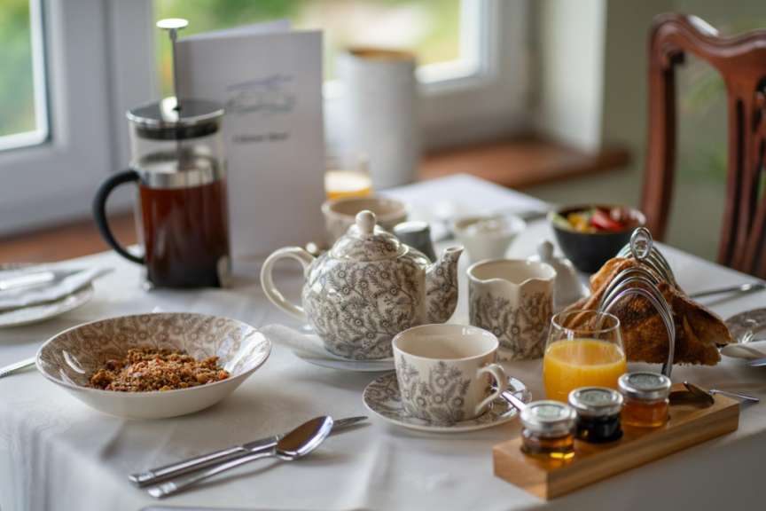 Ein gedeckter Frühstückstisch mit Müsli, Tee, Saft, Toast und Marmelade steht auf einer weißen Tischdecke vor einem Fenster.