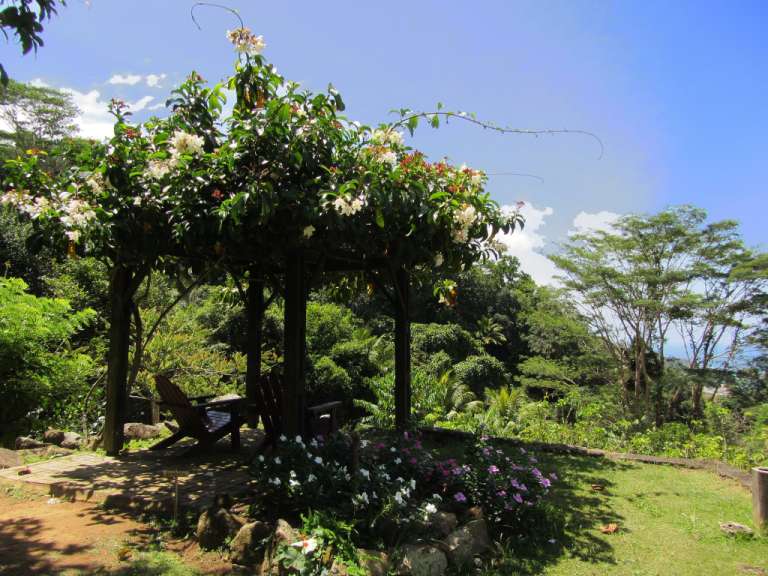 Ein hölzerner Pavillon mit Bäumen und Blumen umgeben