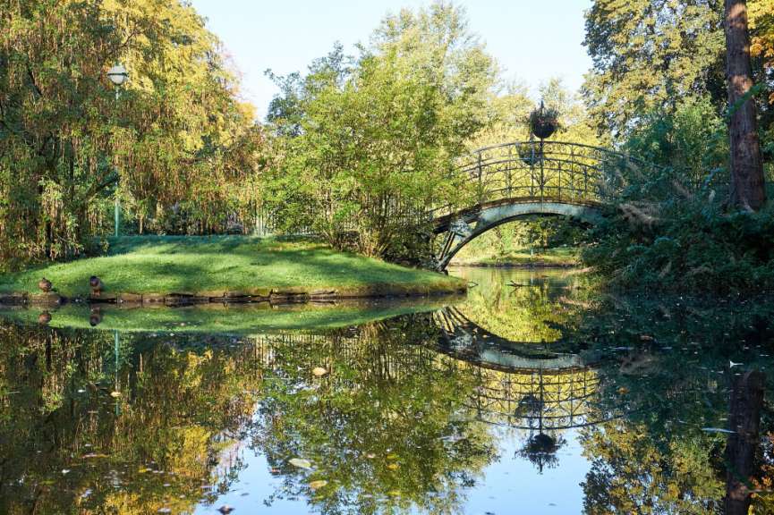 Eine Brücke über einen Teich in einem Park