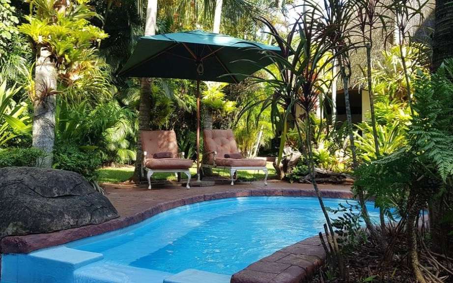 Ein Swimmingpool mit zwei Stühlen und einem grünen Regenschirm