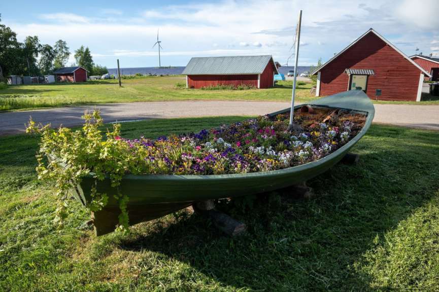 Ein grünes Boot voller Blumen auf einer Wiese