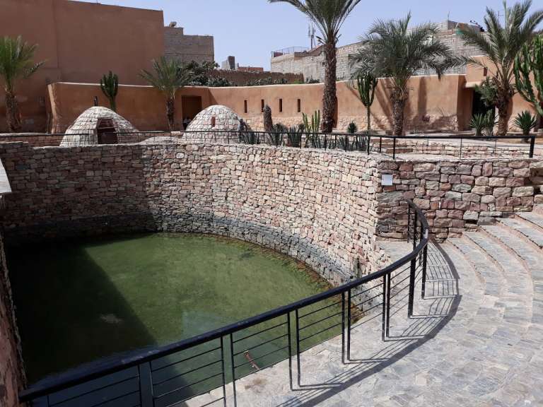 Eine Steinmauer umgibt einen Pool mit grünem Wasser