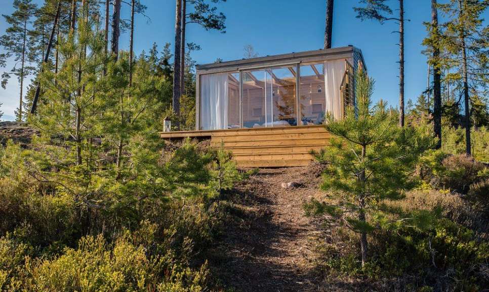 Ein kleines Haus inmitten eines Waldes mit Glastüren