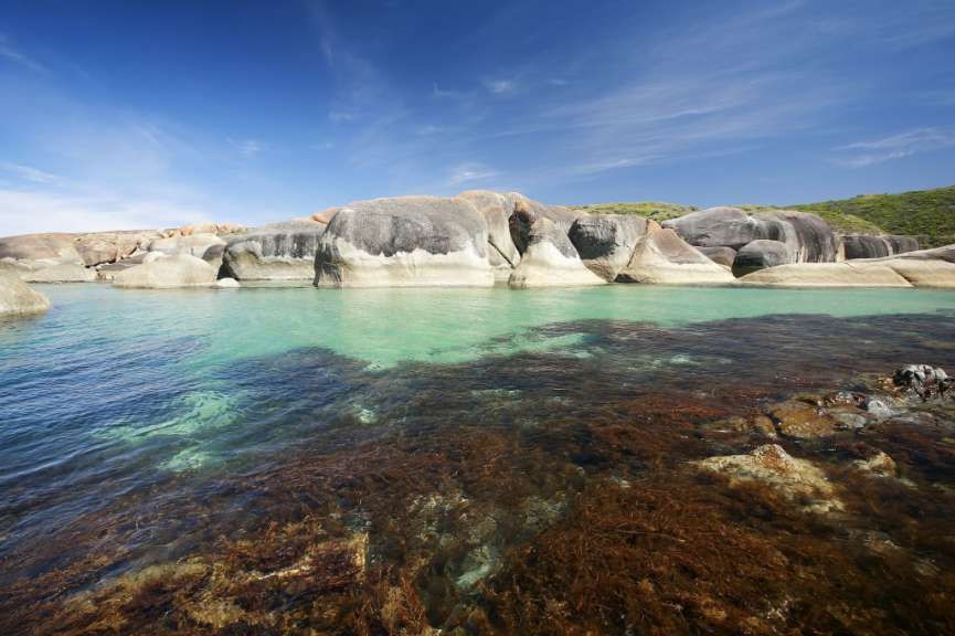 Das Bild zeigt eine ruhige Bucht mit großen Felsen und türkisfarbenem Wasser, in dem brauner Seetang treibt.