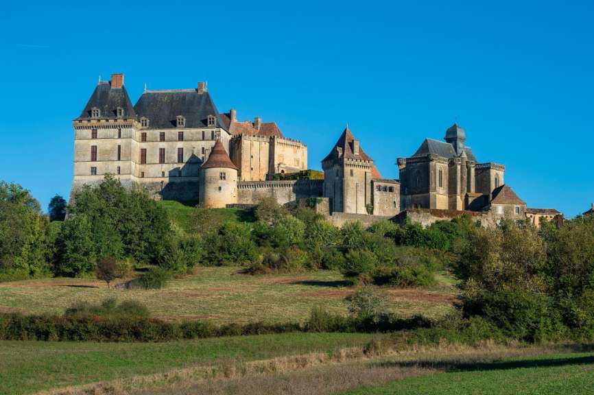 Ein großes Schloss sitzt auf einem Hügel inmitten eines Feldes