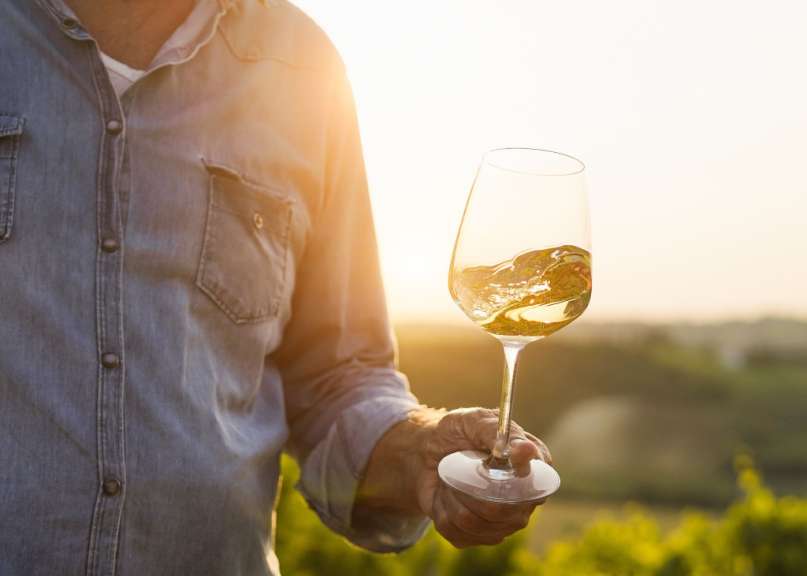 Ein Mann hält ein Glas Weißwein in der Hand