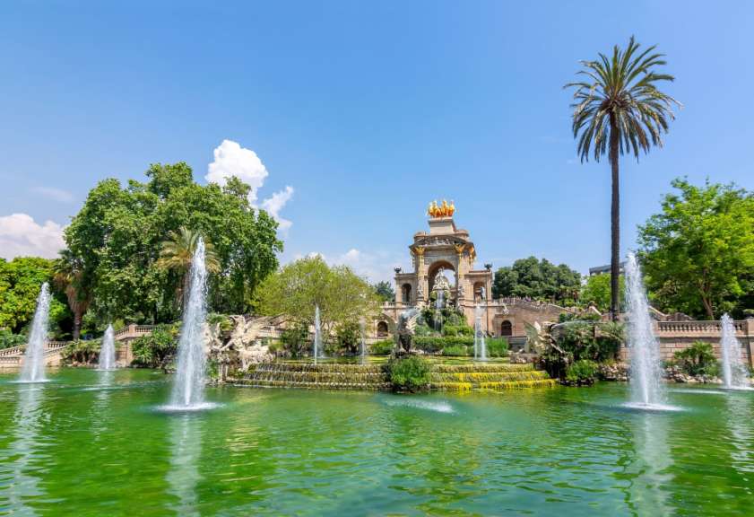 Ein Brunnen in einem Park mit einer Palme im Vordergrund