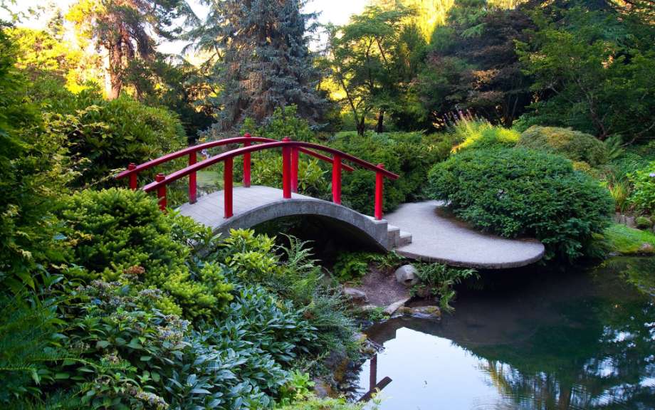 Eine kleine Brücke über einen Teich in einem Park