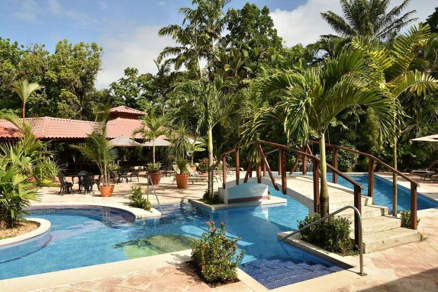 Ein großer Swimmingpool in einem tropischen Garten