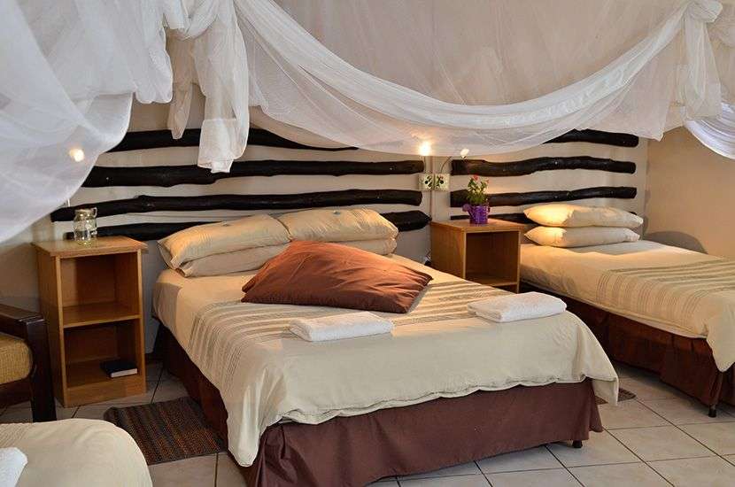 Ein Schlafzimmer mit drei Betten und einem Mosquitonetz