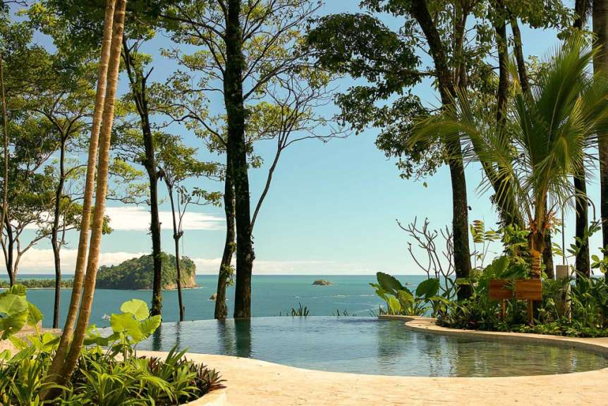 Ein Infinity-Pool mit Blick auf den Ozean umgeben von Bäumen