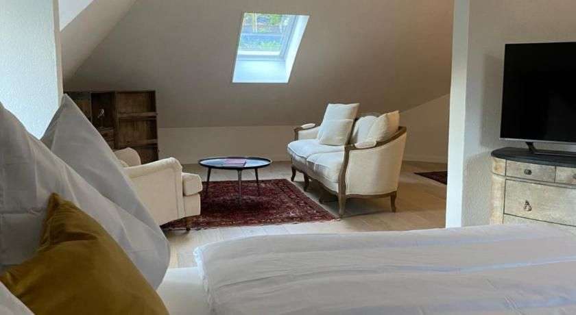Ein Schlafzimmer mit einem Sofa, einem Couchtisch und einem Fernseher unter einem Dachfenster.