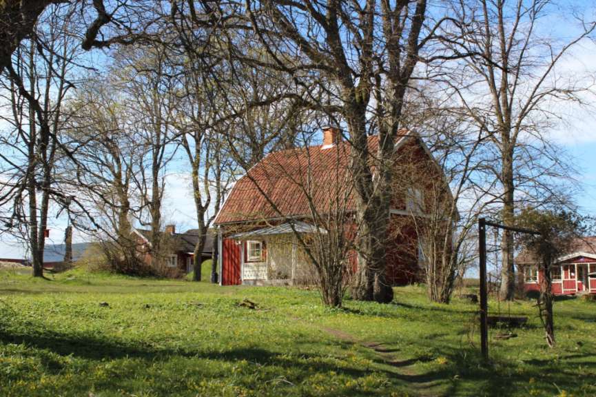 Ein kleines rotes Haus steht inmitten einer grünen Wiese