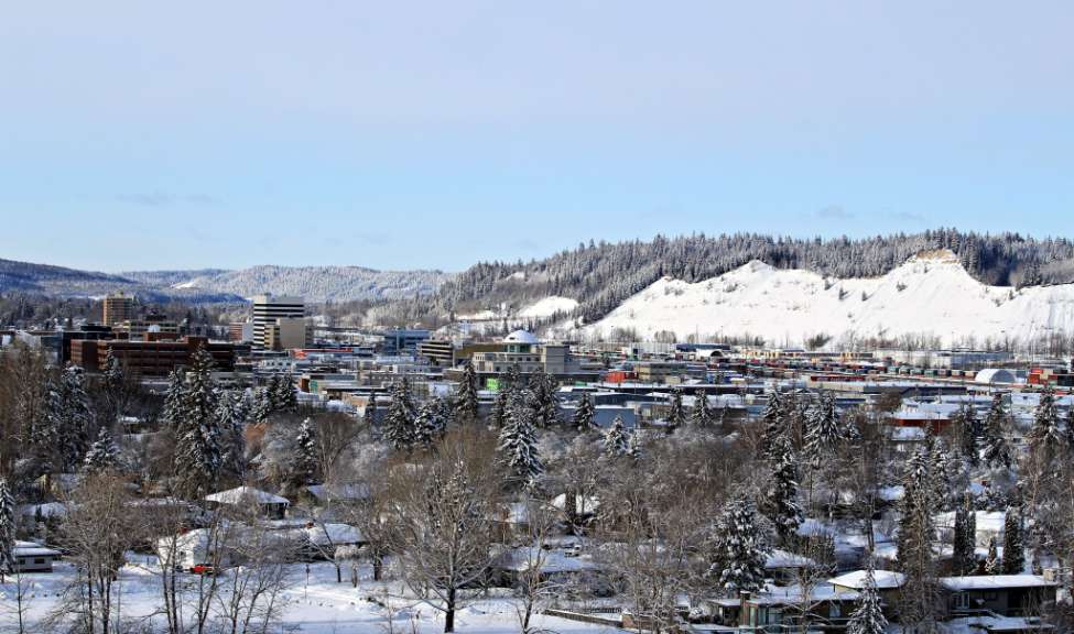 Eine Stadt mit schneebedeckten Bäumen und Bergen im Hintergrund
