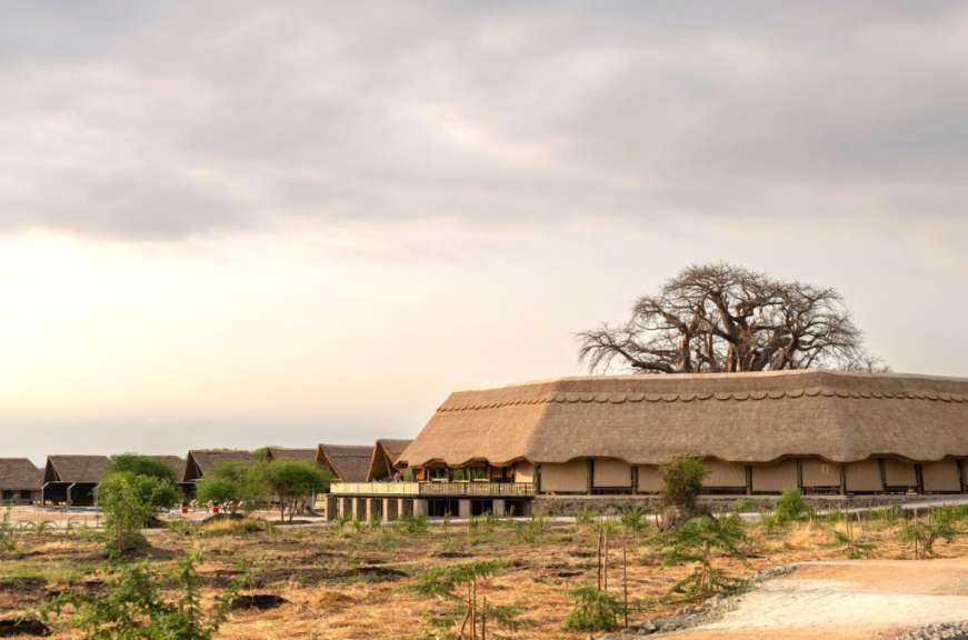 Ein großes Strohgebäude mit einem Baum darauf