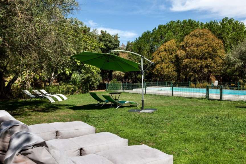 Ein grüner Sonnenschirm wirft Schatten auf einen Rasen, auf dem Liegestühle, ein kleiner Tisch, ein Pool und eine Gruppe von Sofas aufgestellt sind.