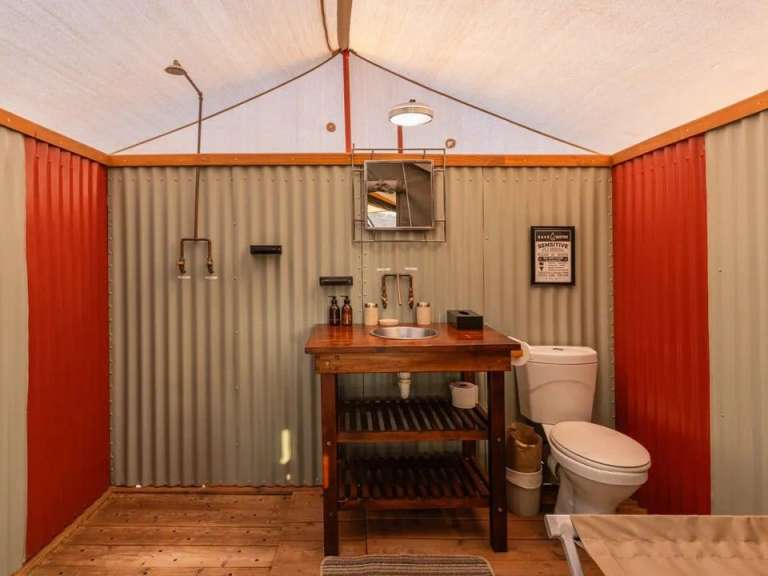 Das Bild zeigt ein rustikales Badezimmer mit einer Dusche, einem Waschbecken und einer Toilette.
