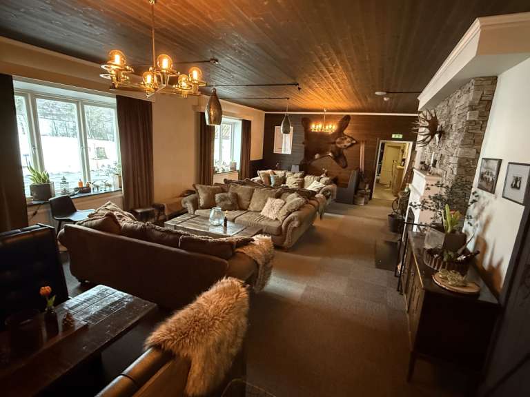 Ein luxuriöser Wohnbereich mit braunen Sofas, einem Holztisch und einer Steinwand mit Geweih.