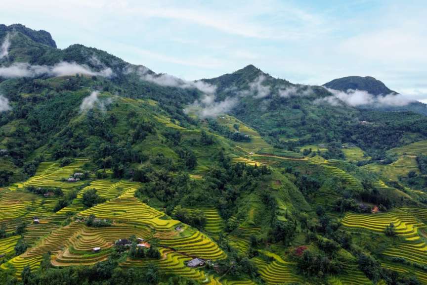 Ein Tal mit vielen Terrassen und Bergen im Hintergrund