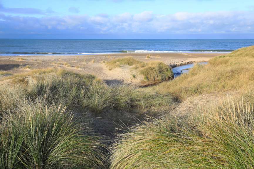 Ein Weg durch Dünen führt zu einem sandigen Strand mit einem Bachlauf, der ins Meer mündet, unter einem blauen Himmel mit Wolken.