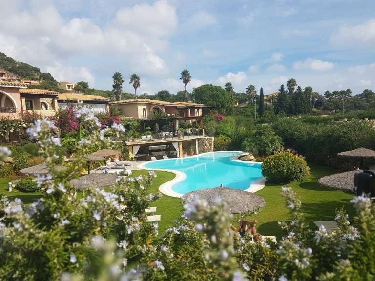 Ein großer Swimmingpool umgeben von Bäumen und Stühlen