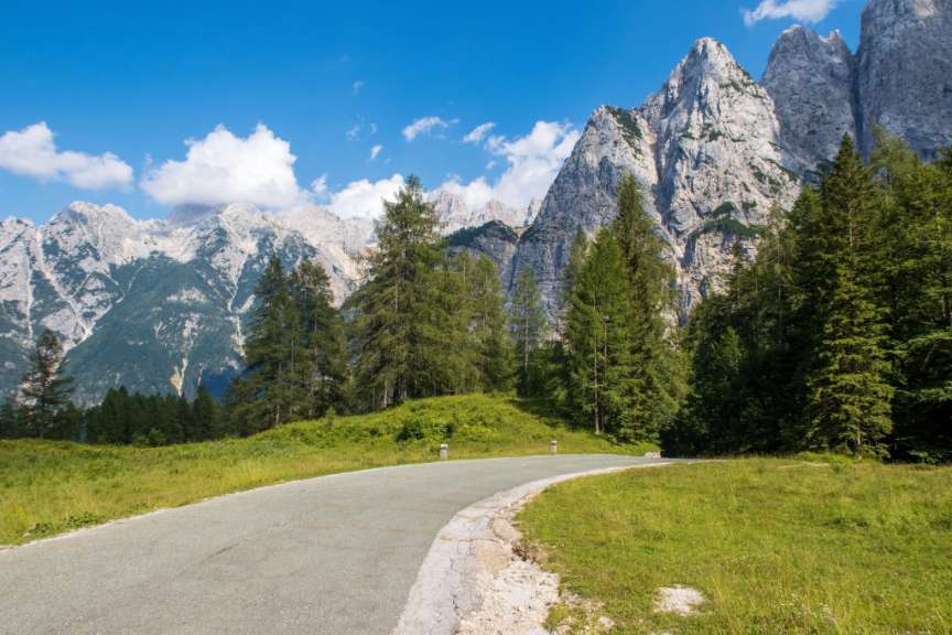 Eine kurvenreiche Straße mit Bäumen und Bergen im Hintergrund