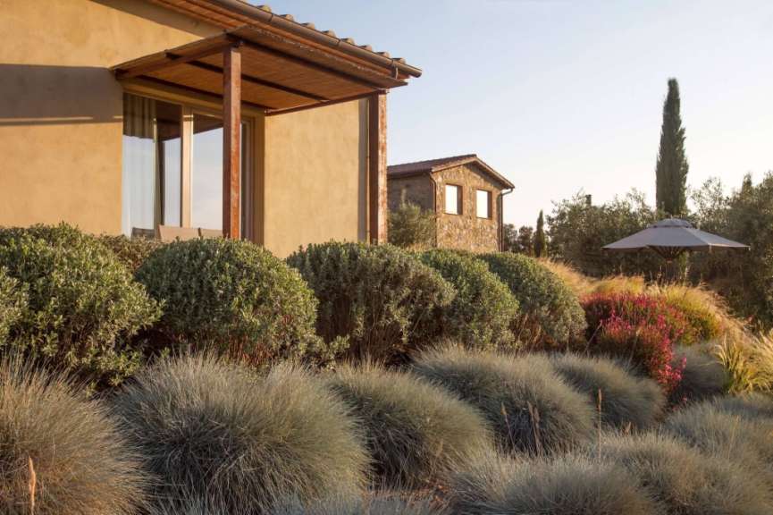Ein Haus mit vielen Bäumen und einem Regenschirm davor