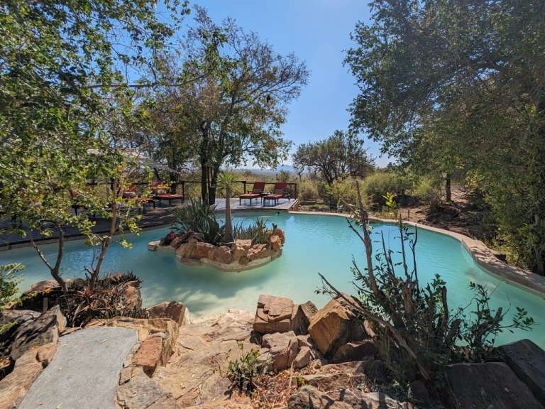 Ein großer Swimmingpool umgeben von Bäumen und Steinen