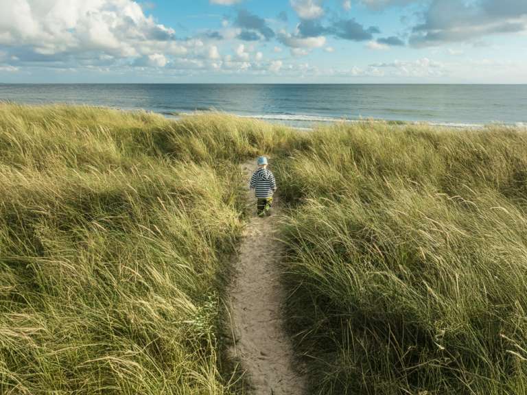 Ein kleiner Junge geht einen Sandweg hinunter zu einem Strand