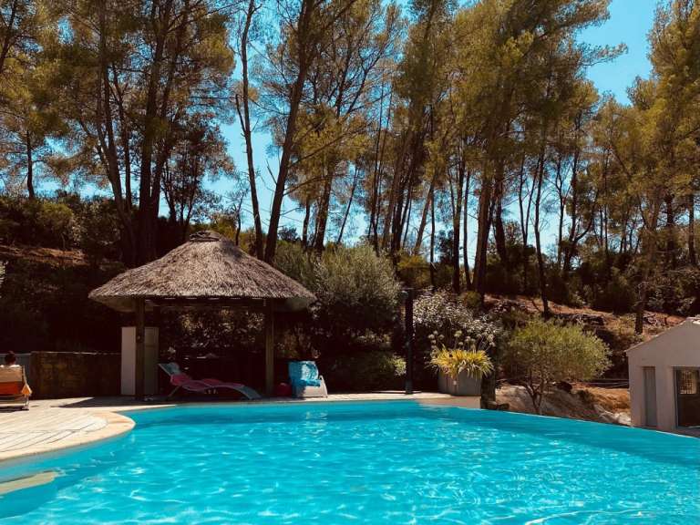 Ein Swimmingpool mit einem Strohpavillon im Hintergrund