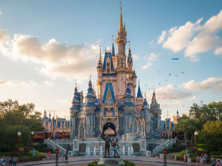 Ein Märchenschloss im Disney-Stil mit blauen und rosafarbenen Türmen und einer Statue von Mickey und Minnie vor der Vorderseite wird von einer Menge von Menschen, einem Zug und Bäumen umgeben.