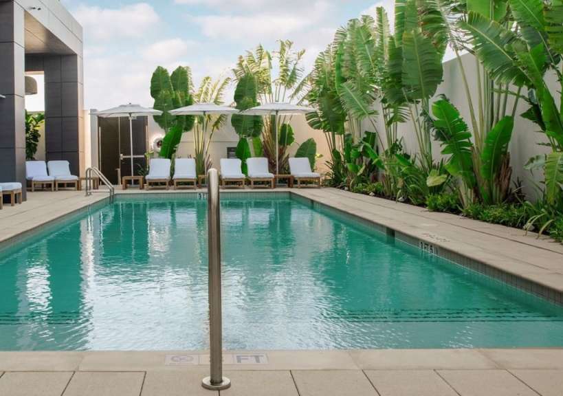 Ein großer Swimmingpool mit Liegestühlen und Sonnenschirmen umgeben