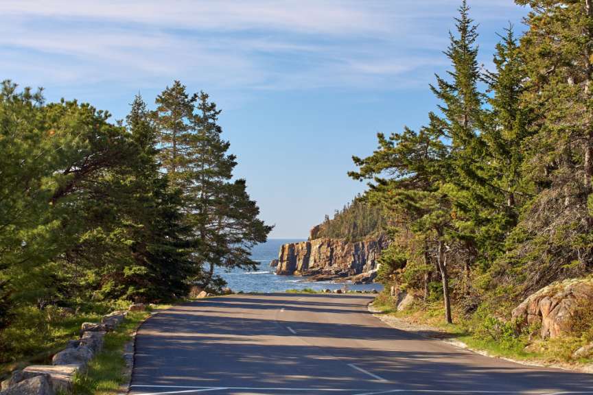 Eine Straße mit Bäumen und einem Felsen im Hintergrund