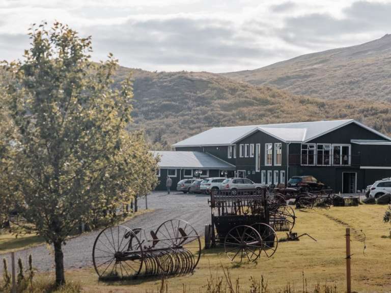 Ein grünes Gebäude mit einem weißen Dach und vielen Autos davor