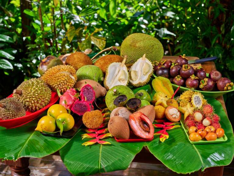 Ein Tisch mit verschiedenen tropischen Früchten darauf