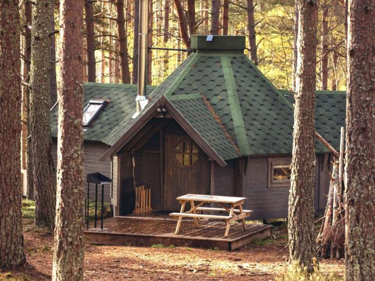 Ein kleines Holzhaus mit einem grünen Schindeldach steht inmitten eines Waldes.