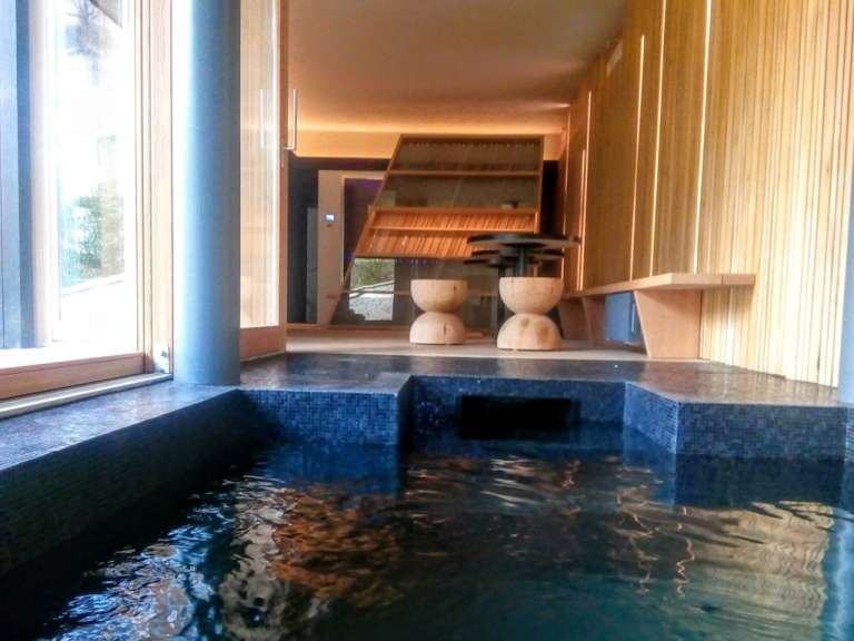 Ein Innenpool mit Holzelementen und Sitzgelegenheiten.