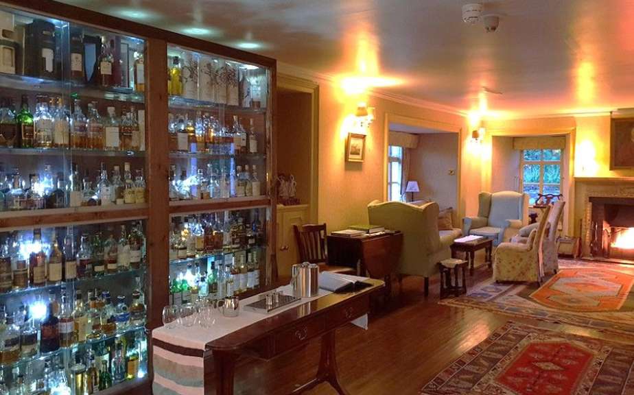Ein luxuriöses Wohnzimmer mit einem Kamin, vielen Regalen mit Alkoholflaschen und bequemen Sitzgelegenheiten ist gut beleuchtet.