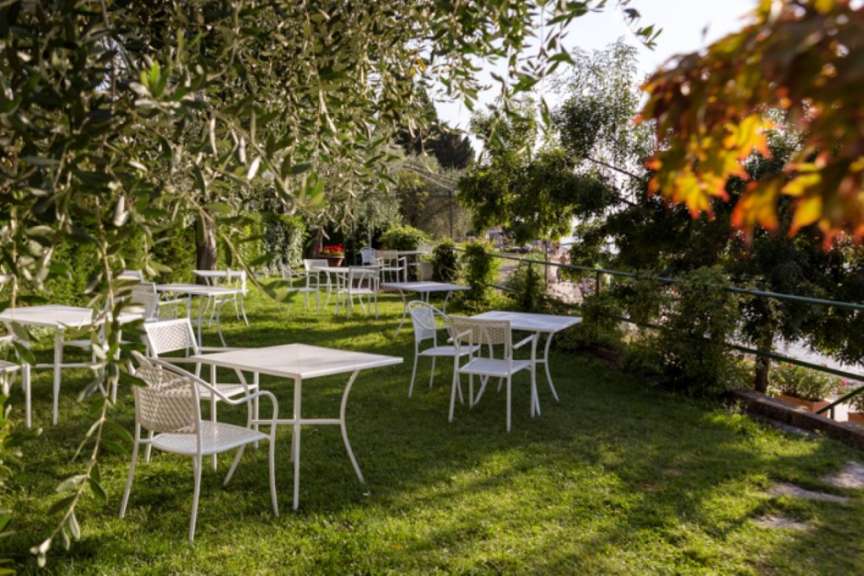 Ein Garten mit vielen Tischen und Stühlen unter Olivenbäumen mit Blick auf ein Gewässer.