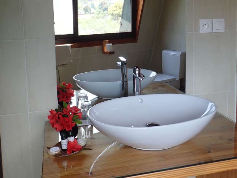 Das Bild zeigt ein Badezimmer mit zwei Waschbecken, einem Spiegel, einer Toilette und einem Fenster mit Blick auf eine Landschaft.