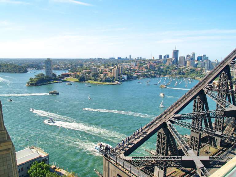 Ein weites Panorama von Sydney zeigt den Hafen mit Booten und Segelbooten im Wasser, eine Stadtkulisse mit Hochhäusern und eine Stahlbrücke im Vordergrund.